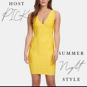 Bold Yellow Guess V-Neck Bandage Bodycon Dress